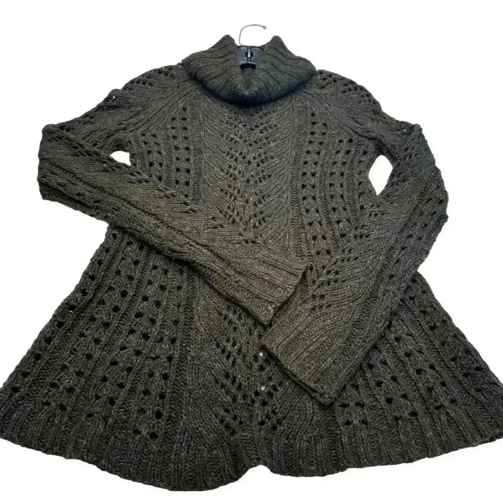 Anthropologie Sleeping on Snow Open Knit Olive Cowl Neck Sweater Sz XS